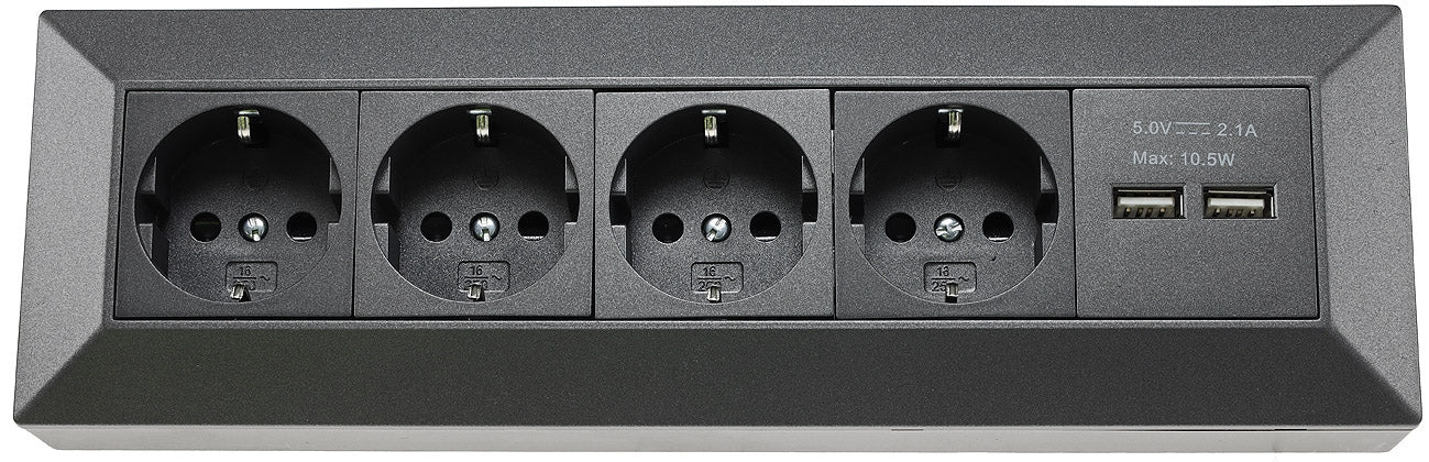 4-fach Steckdosenblock+2x USB, anthrazit 250V~/ 16A, Aufbaumontage