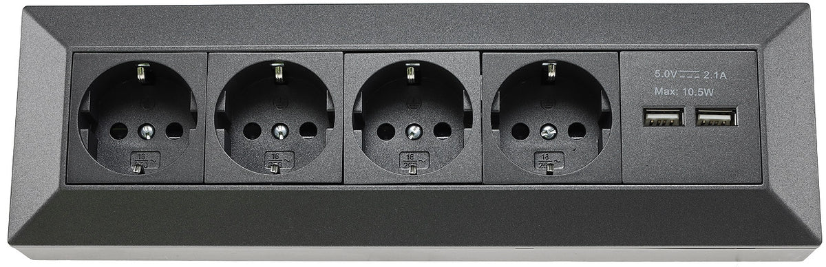 4-fach Steckdosenblock+2x USB, anthrazit 250V~/ 16A, Aufbaumontage