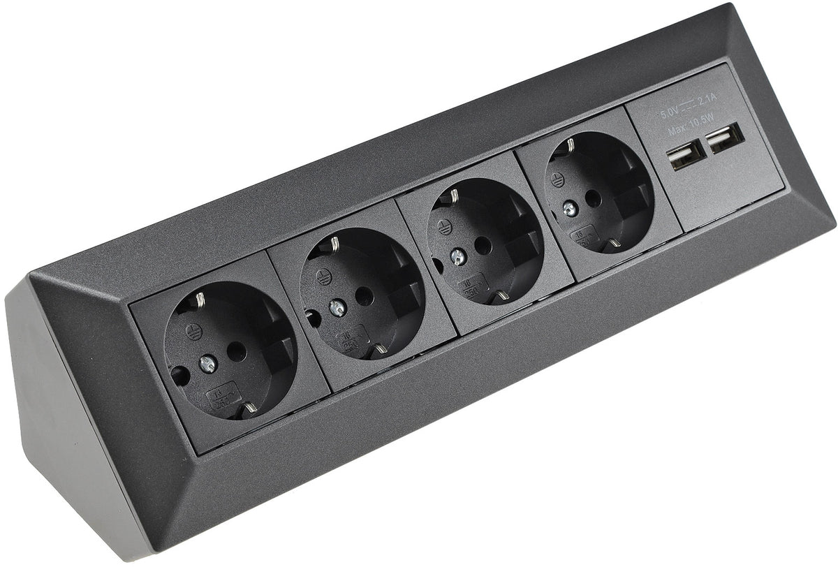 4-fach Steckdosenblock+2x USB, anthrazit 250V~/ 16A, Aufbaumontage