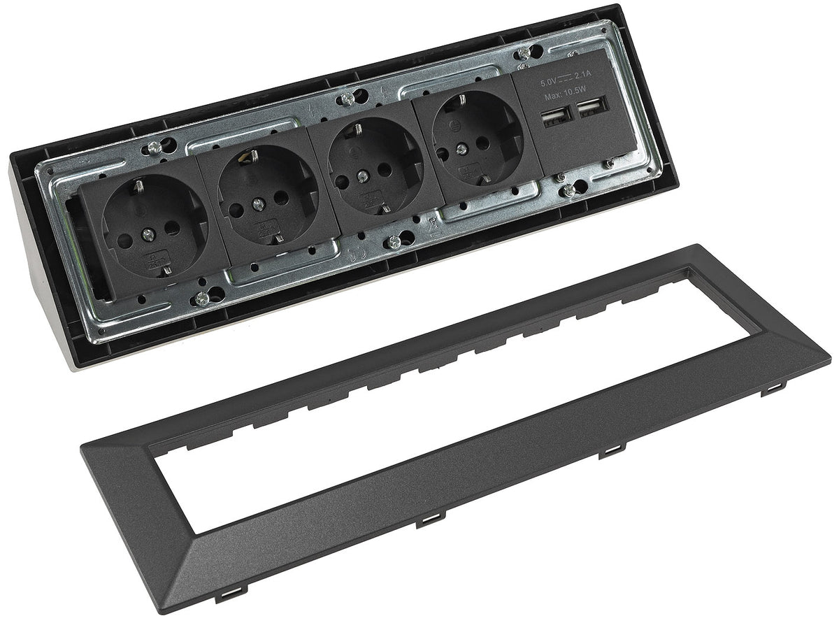 4-fach Steckdosenblock+2x USB, anthrazit 250V~/ 16A, Aufbaumontage