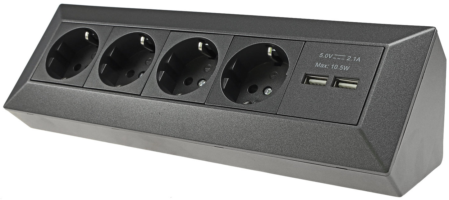 4-fach Steckdosenblock+2x USB, anthrazit 250V~/ 16A, Aufbaumontage