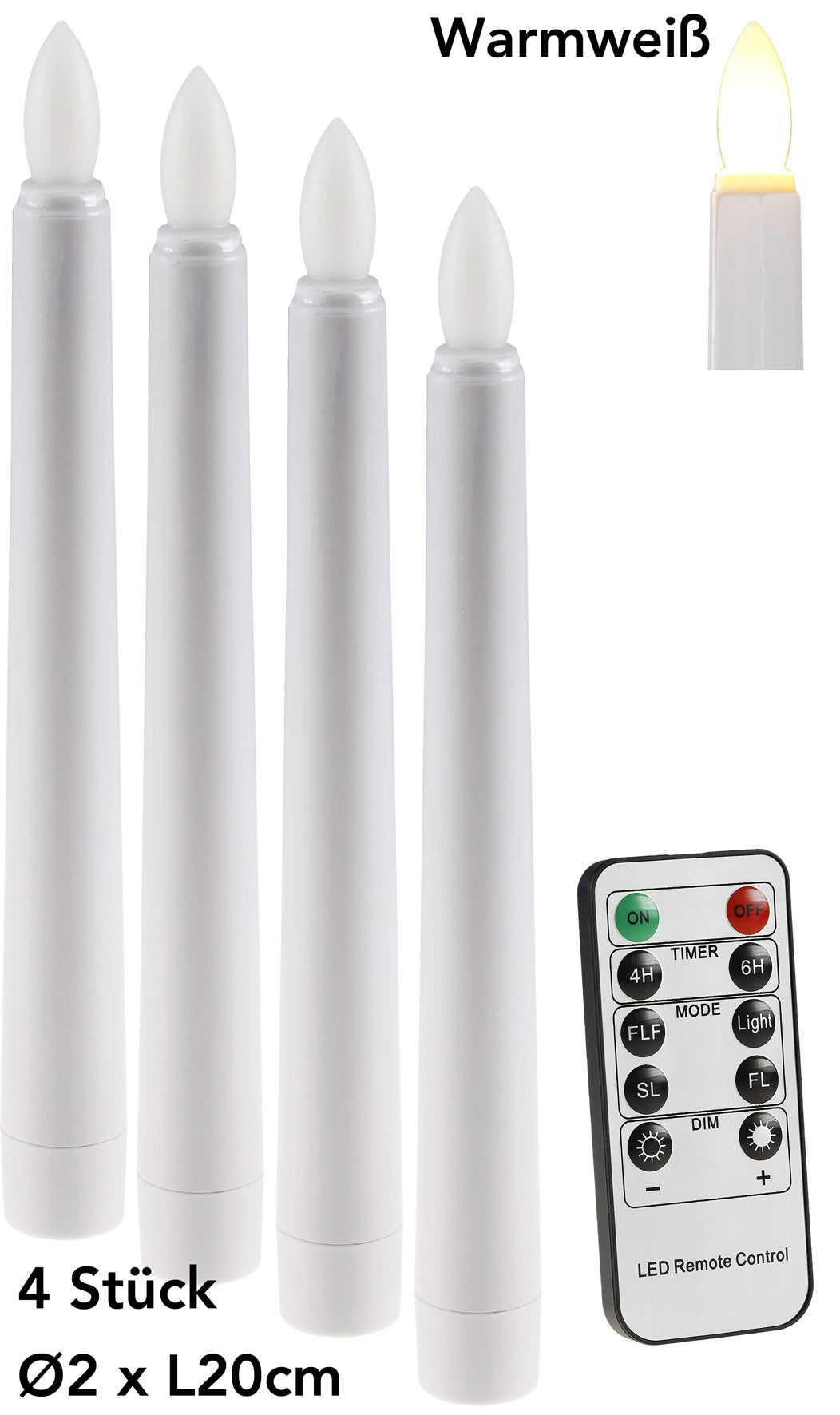 LED Stabkerze 20cm Ø2cm, 4er Pack Fernbedienung, je 3x AAA Batterie