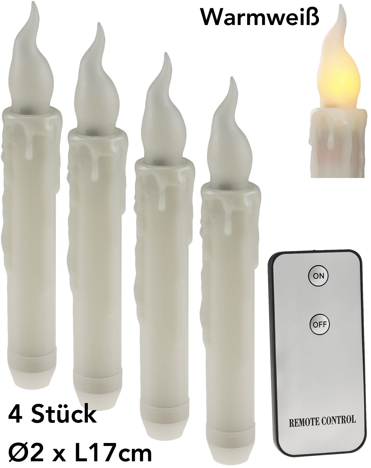 LED Stabkerze 17cm Ø2cm, 4er Pack Fernbedienung, je 2x AA Batterie