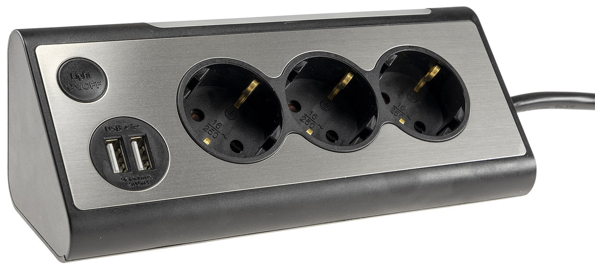 3-fach Steckdosenblock + 2x USB, silber 250V~/ 16A, Aufbaumontage, 1,5m Kabel