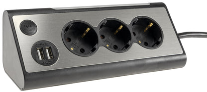 3-fach Steckdosenblock + 2x USB, silber 250V~/ 16A, Aufbaumontage, 1,5m Kabel