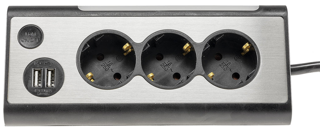 3-fach Steckdosenblock + 2x USB, silber 250V~/ 16A, Aufbaumontage, 1,5m Kabel
