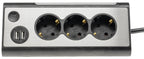3-fach Steckdosenblock + 2x USB, silber 250V~/ 16A, Aufbaumontage, 1,5m Kabel