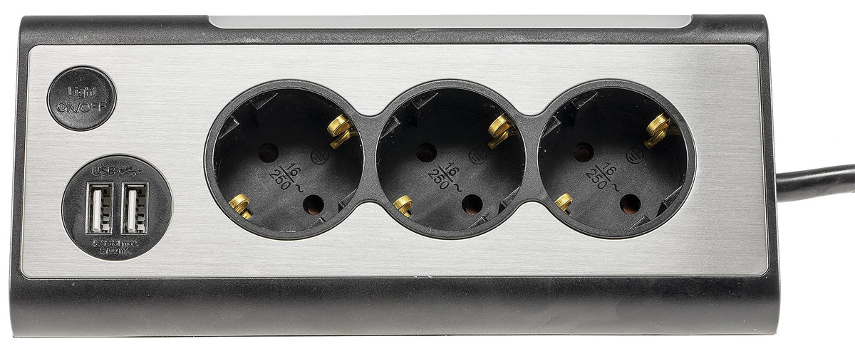 3-fach Steckdosenblock + 2x USB, silber 250V~/ 16A, Aufbaumontage, 1,5m Kabel