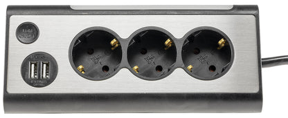 3-fach Steckdosenblock + 2x USB, silber 250V~/ 16A, Aufbaumontage, 1,5m Kabel