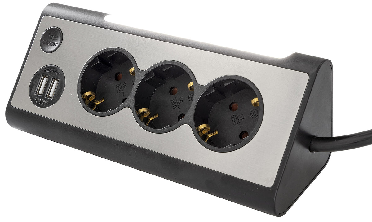 3-fach Steckdosenblock + 2x USB, silber 250V~/ 16A, Aufbaumontage, 1,5m Kabel