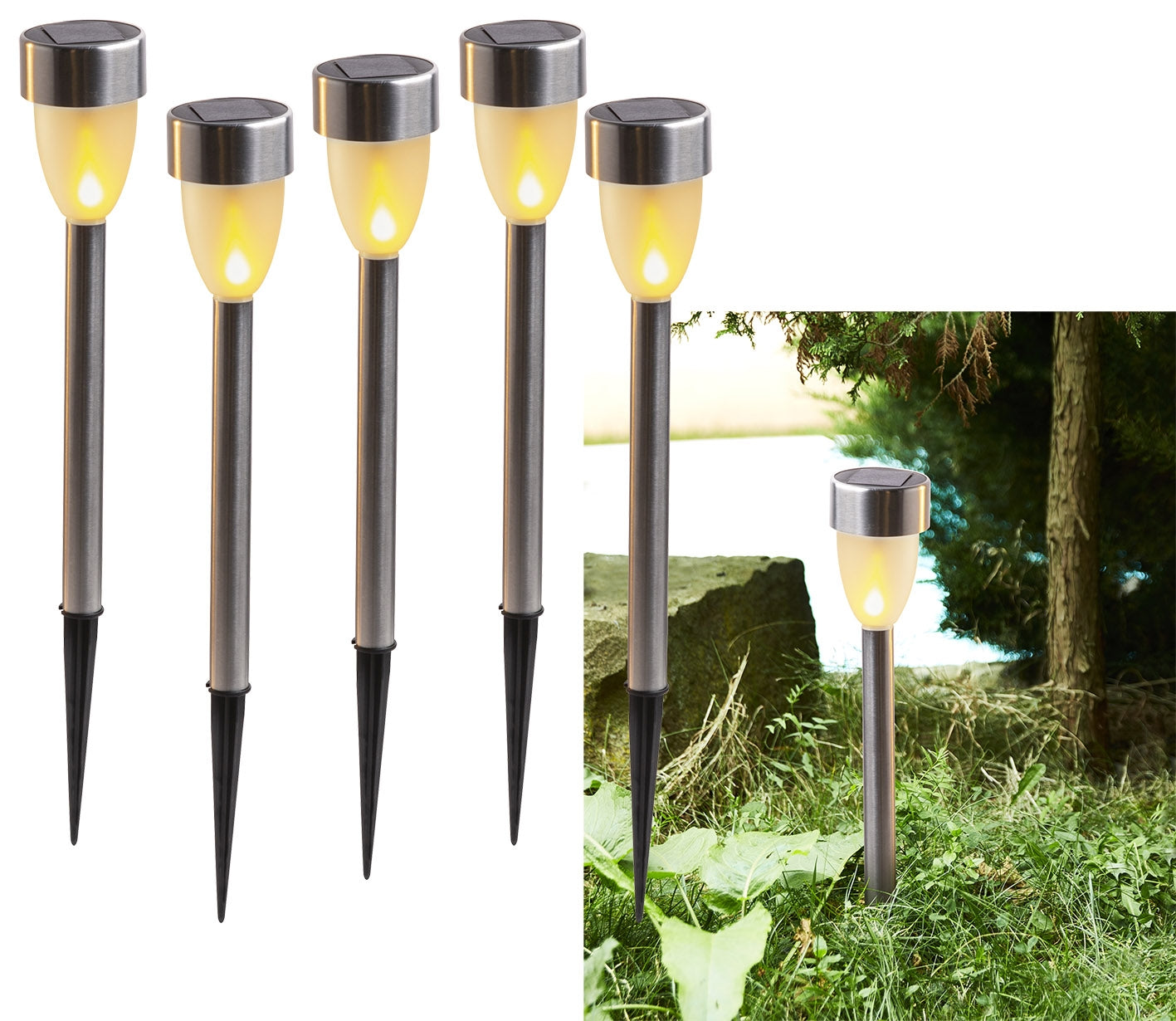 Edelstahl LED Solarleuchte, 5er Set Flackerlicht, amberfarben