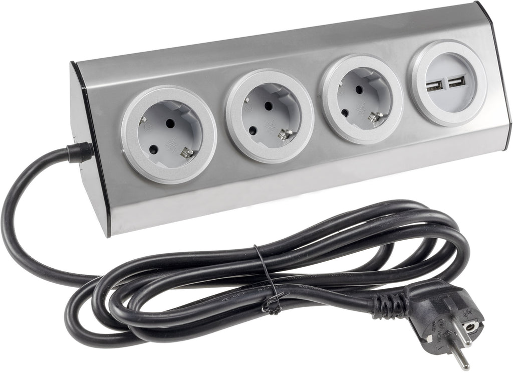 3-fach Steckdosenblock Edelstahl 2x USB 90° für Eck-&  Aufbaumontage, 1,9m Kabel