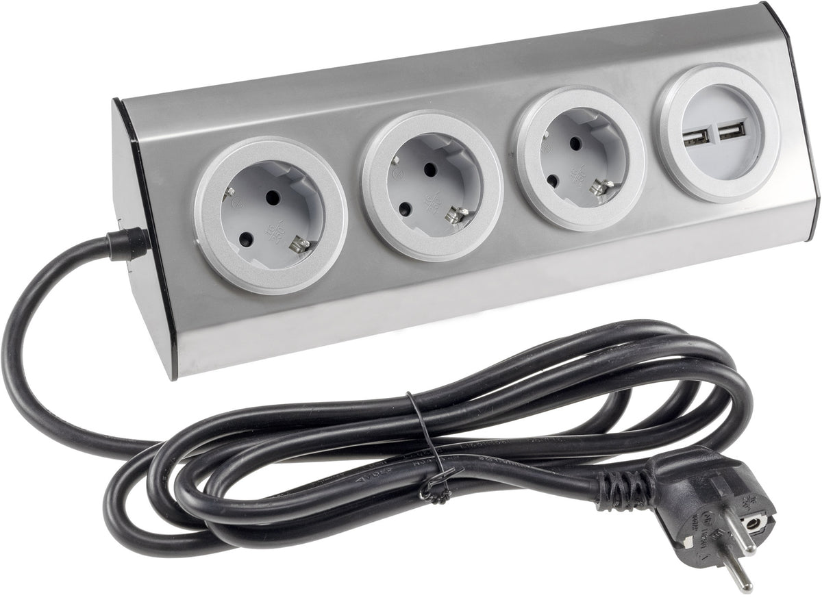 3-fach Steckdosenblock Edelstahl 2x USB 90° für Eck-&  Aufbaumontage, 1,9m Kabel