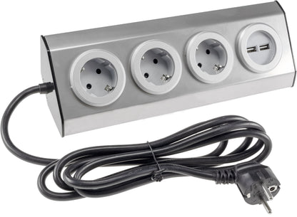 3-fach Steckdosenblock Edelstahl 2x USB 90° für Eck-&  Aufbaumontage, 1,9m Kabel
