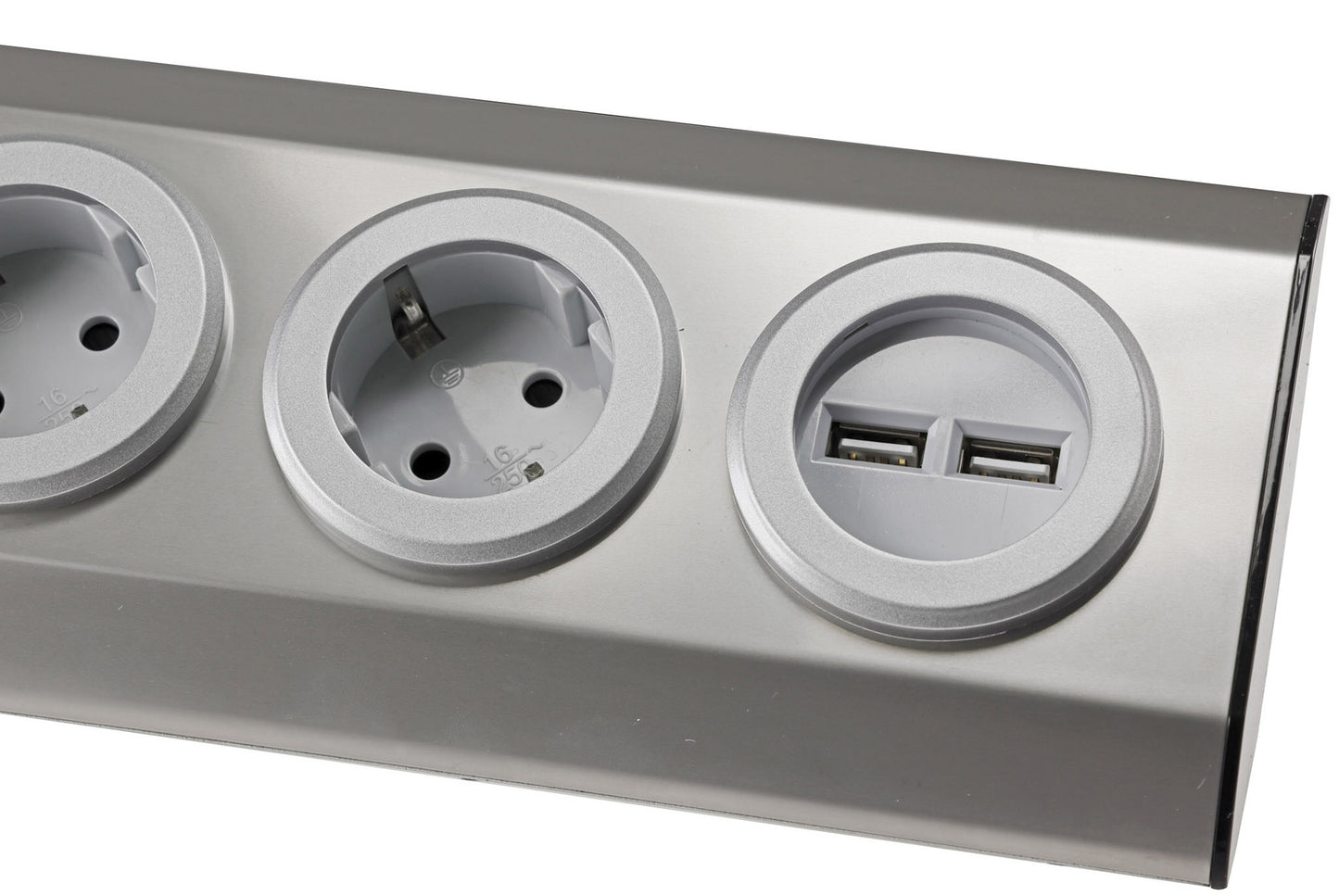 3-fach Steckdosenblock Edelstahl 2x USB 90° für Eck-&  Aufbaumontage, 1,9m Kabel