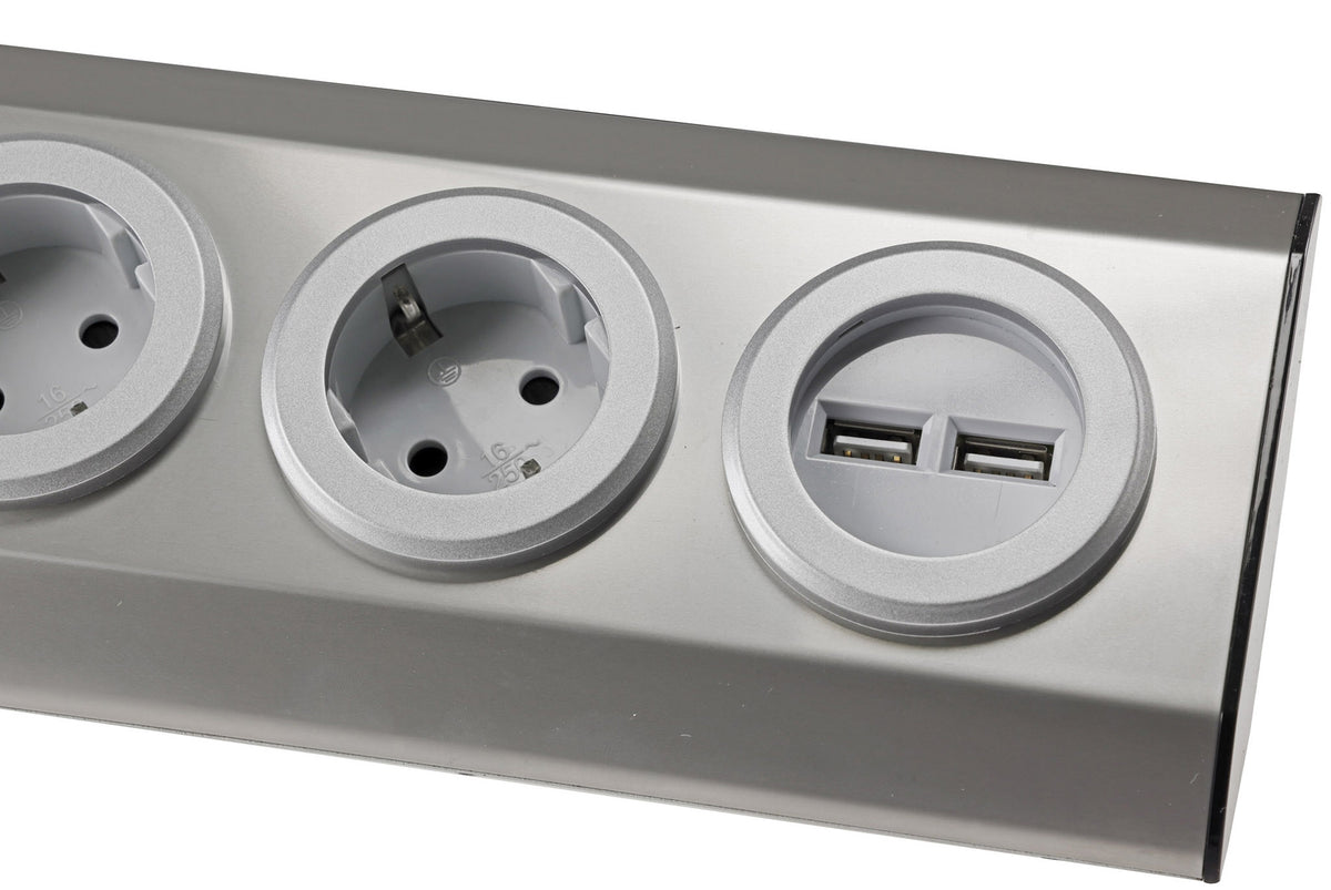 3-fach Steckdosenblock Edelstahl 2x USB 90° für Eck-&  Aufbaumontage, 1,9m Kabel