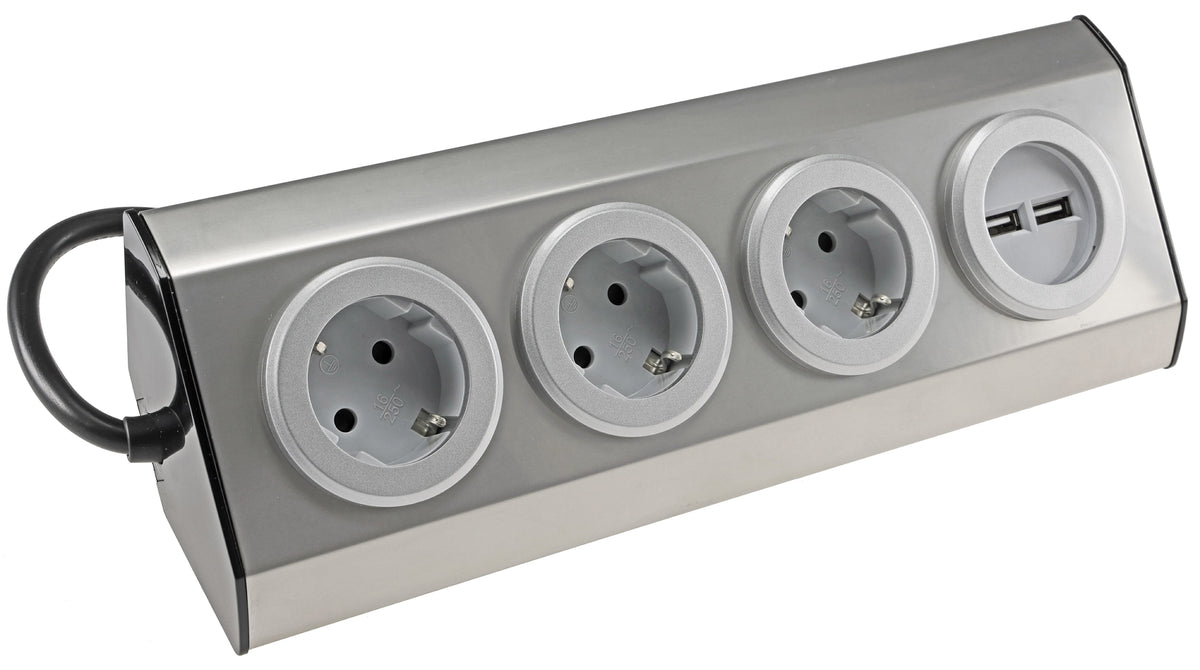 3-fach Steckdosenblock Edelstahl 2x USB 90° für Eck-&  Aufbaumontage, 1,9m Kabel