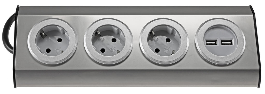 3-fach Steckdosenblock Edelstahl 2x USB 90° für Eck-&  Aufbaumontage, 1,9m Kabel