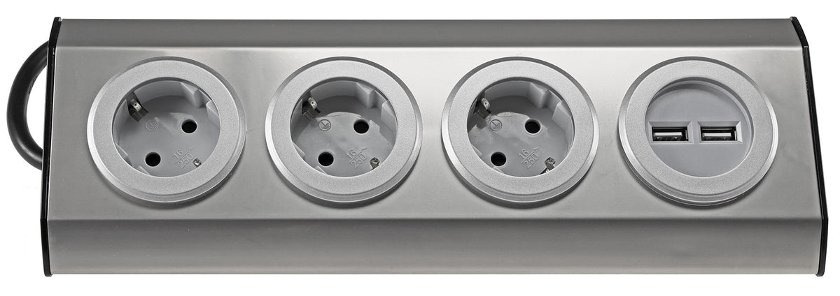 3-fach Steckdosenblock Edelstahl 2x USB 90° für Eck-&  Aufbaumontage, 1,9m Kabel