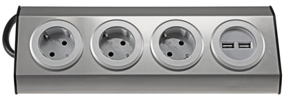 3-fach Steckdosenblock Edelstahl 2x USB 90° für Eck-&  Aufbaumontage, 1,9m Kabel