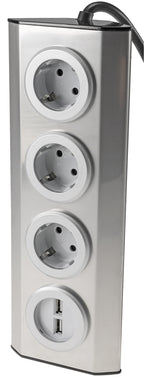 3-fach Steckdosenblock Edelstahl 2x USB 90° für Eck-&  Aufbaumontage, 1,9m Kabel
