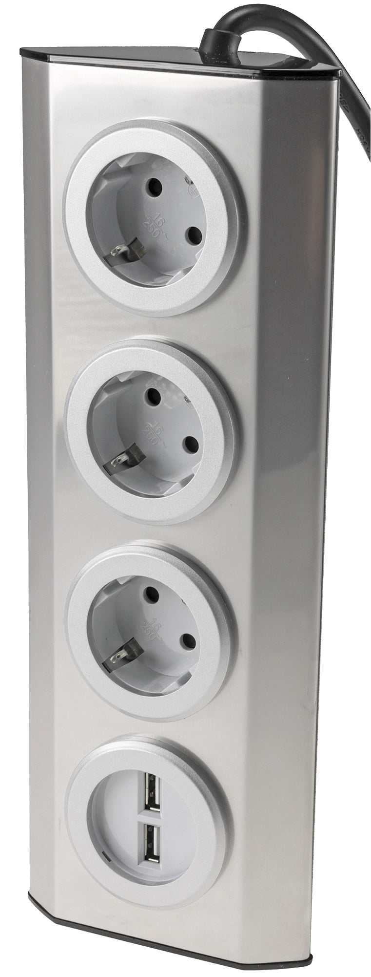 3-fach Steckdosenblock Edelstahl 2x USB 90° für Eck-&  Aufbaumontage, 1,9m Kabel