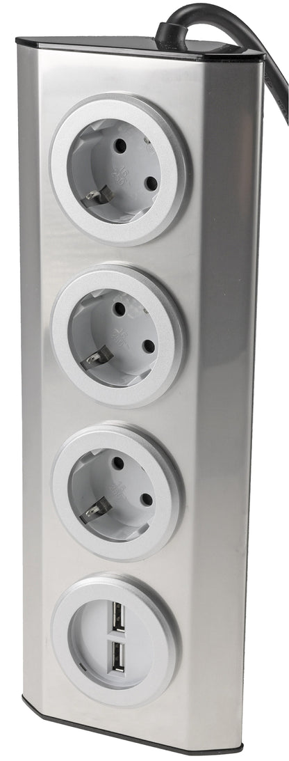 3-fach Steckdosenblock Edelstahl 2x USB 90° für Eck-&  Aufbaumontage, 1,9m Kabel