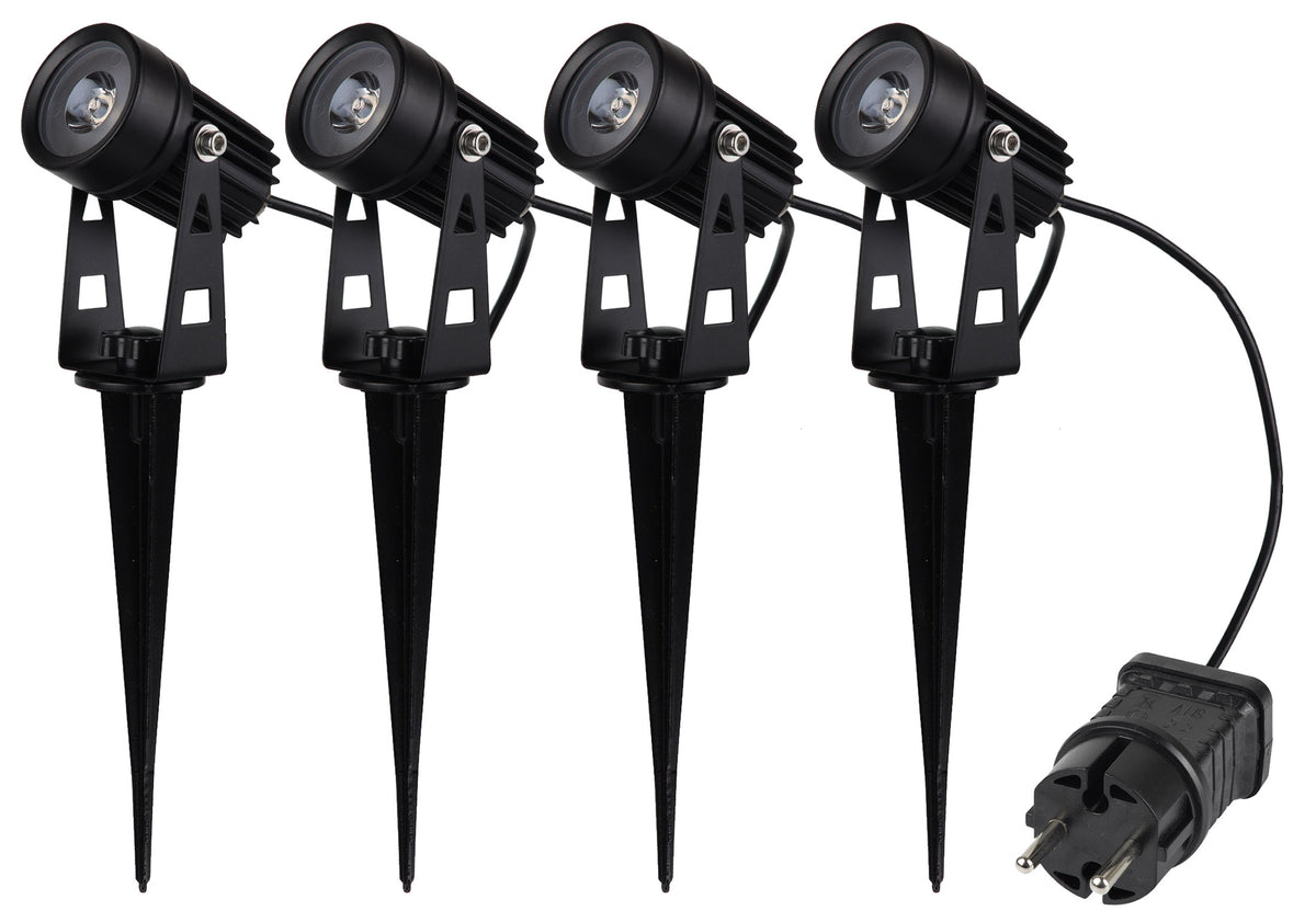 Gartenstrahler Set mit 4 Spots Netzteil, Erdspieß, 3000k, IP44