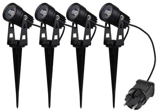 Gartenstrahler Set mit 4 Spots Netzteil, Erdspieß, 3000k, IP44