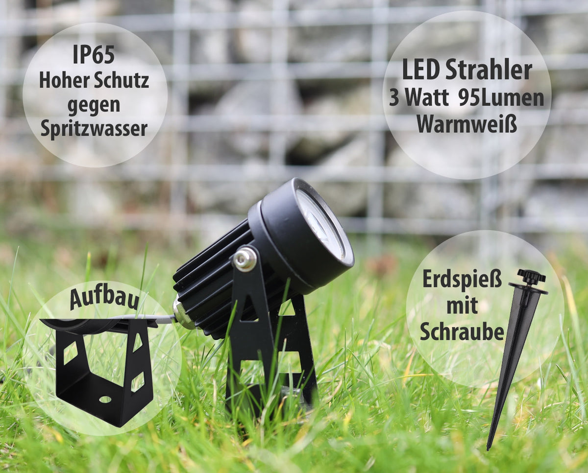 Gartenstrahler Set mit 4 Spots Netzteil, Erdspieß, 3000k, IP44