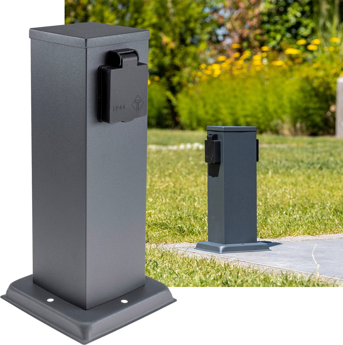 Steckdosensäule 2-fach, IP44, Anthrazit 250V~/ 16A, 13x13x27cm