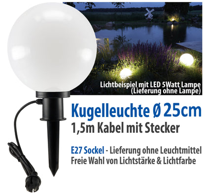 Garten Kugelleuchte Ø25cm mit Erdspieß IP44 230V 1,5m Kabel E27 Fassung