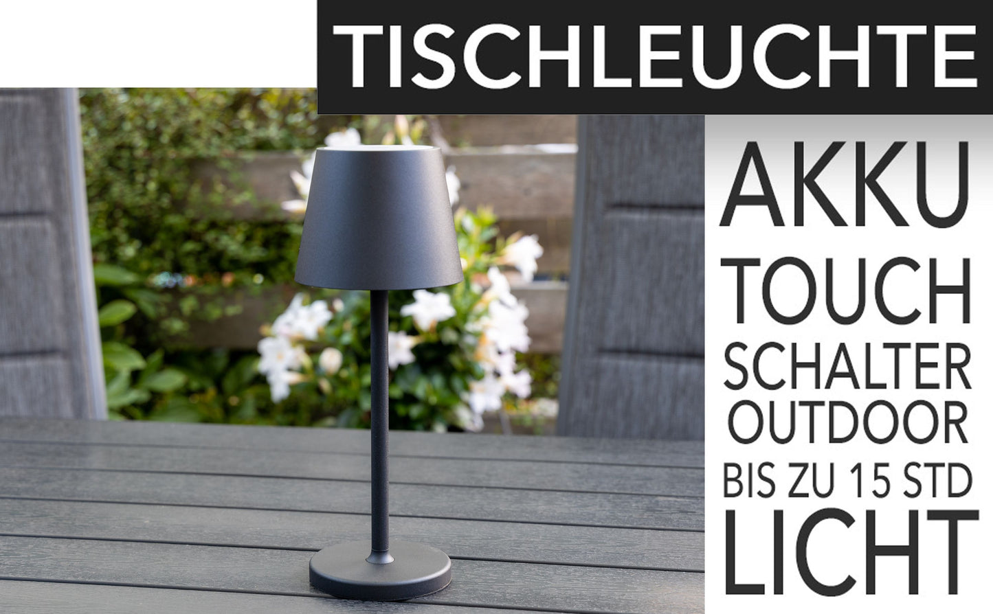 LED Akku-Tischleuchte "Foco Tenda" 3000K, IP44, Touchschalter, 30cm,Schwarz