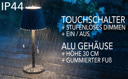 LED Akku-Tischleuchte "Foco Tenda" 3000K, IP44, Touchschalter, 30cm,Schwarz