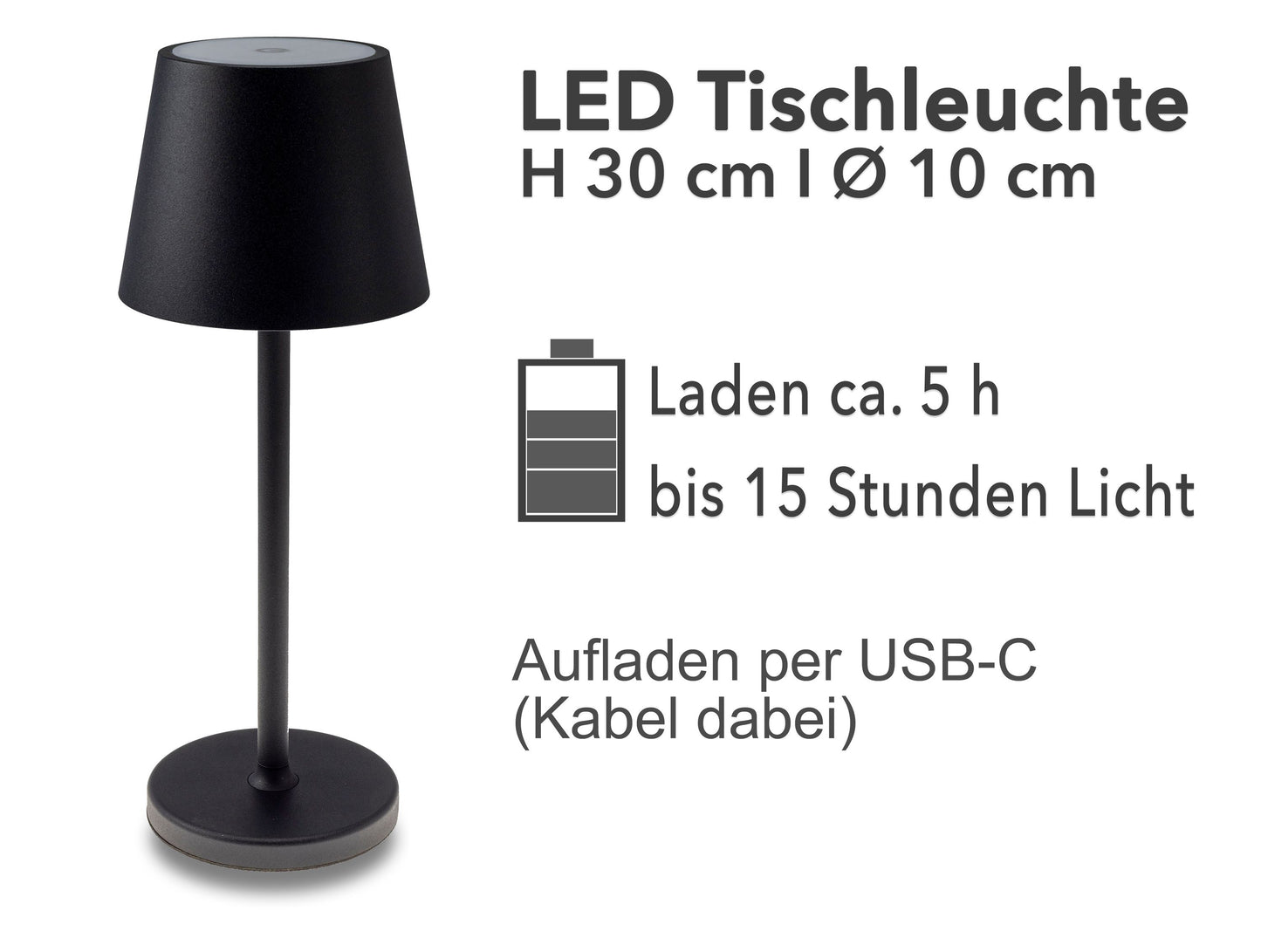 LED Akku-Tischleuchte "Foco Tenda" 3000K, IP44, Touchschalter, 30cm,Schwarz