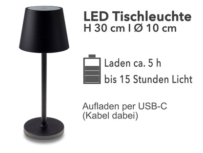 LED Akku-Tischleuchte "Foco Tenda" 3000K, IP44, Touchschalter, 30cm,Schwarz