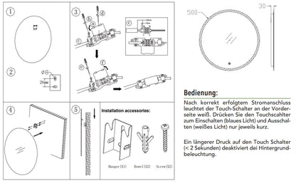 LED Spiegel "Espelho R50" Ø50cm 230V, 19W, 1400lm, 4000K, Touchschalter