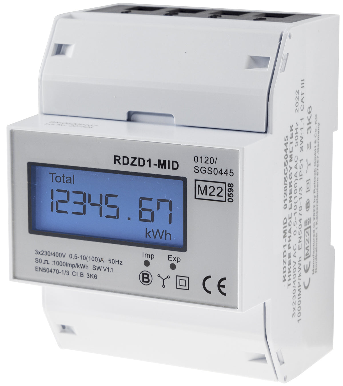 Drehstromzähler MID geeicht 3-phasig 10A, 230/400V, 4TE, digital LCD