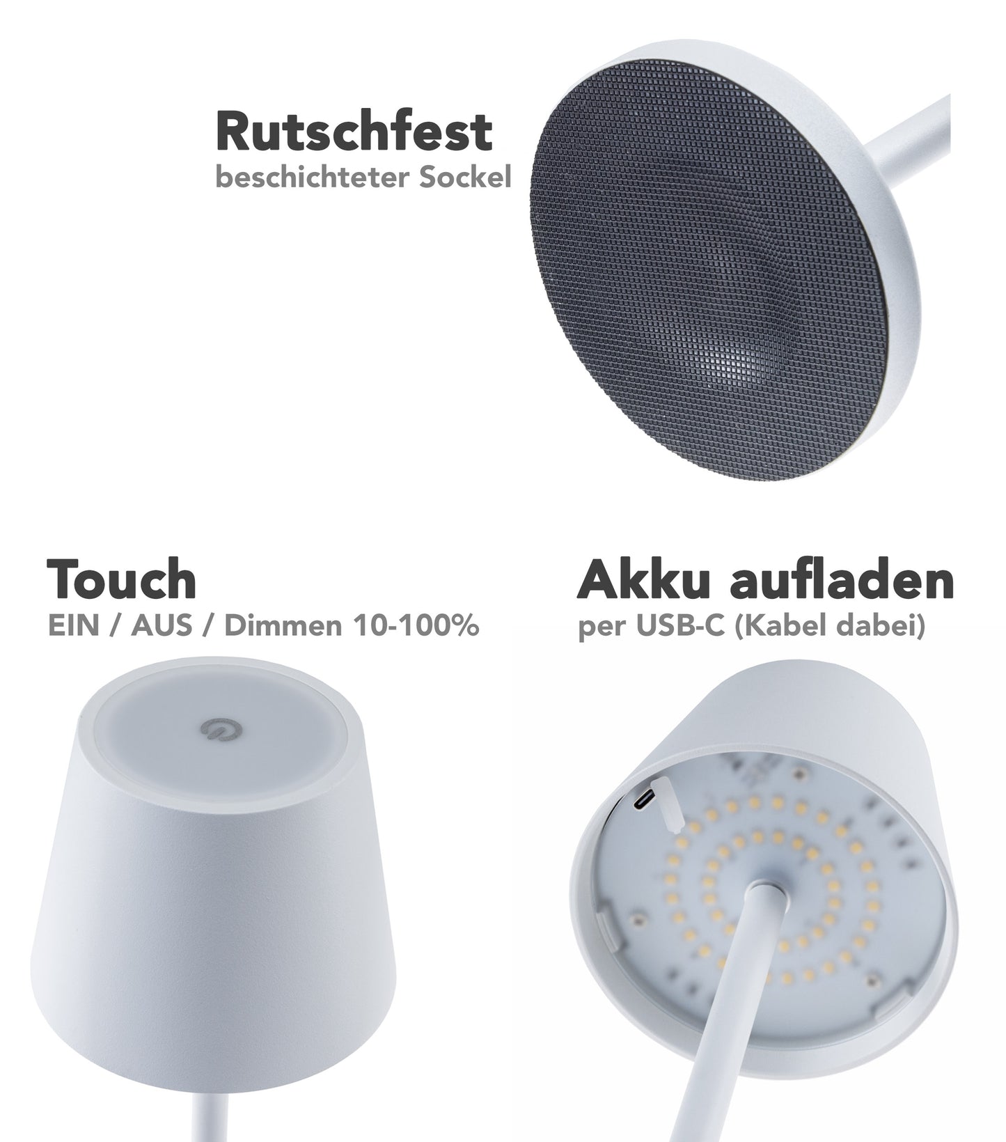 LED Akku-Tischleuchte "Foco Tenda" 3000K, IP44, Touchschalter, 30cm, weiß