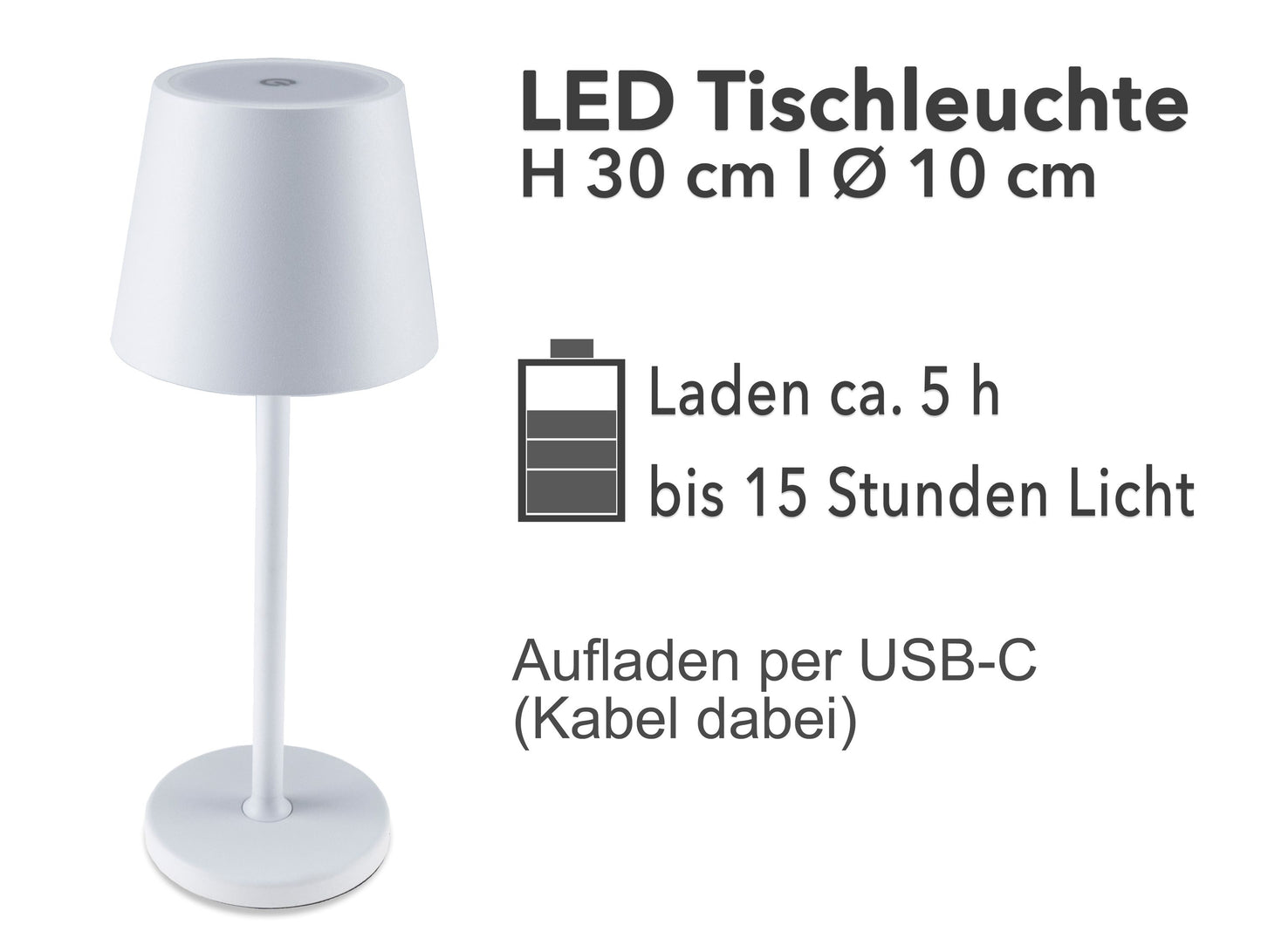 LED Akku-Tischleuchte "Foco Tenda" 3000K, IP44, Touchschalter, 30cm, weiß