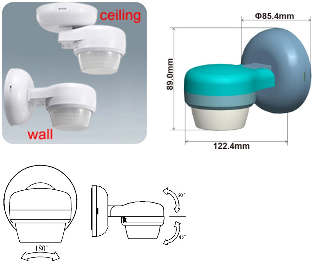 Aufputz-Bewegungsmelder 360° IP65 12m Detektion, Wand & Decke, weiß