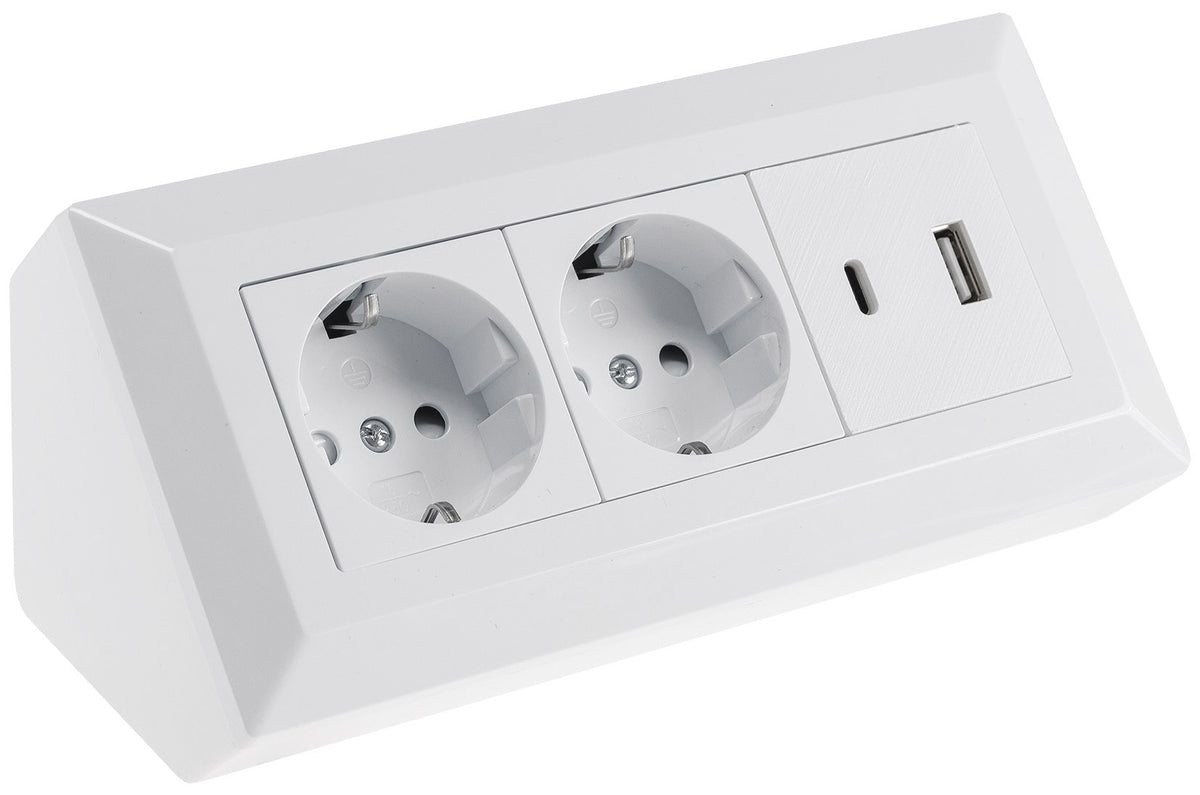 2-fach Steckdosenblock, USB-A+C, weiß 250V~/ 16A, Aufbaumontage, USB 3,1A, PD