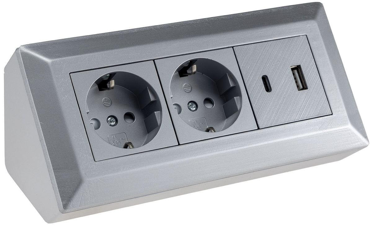 2-fach Steckdosenblock, USB-A+C, silber 250V~/ 16A, Aufbaumontage, USB 3,1A, PD