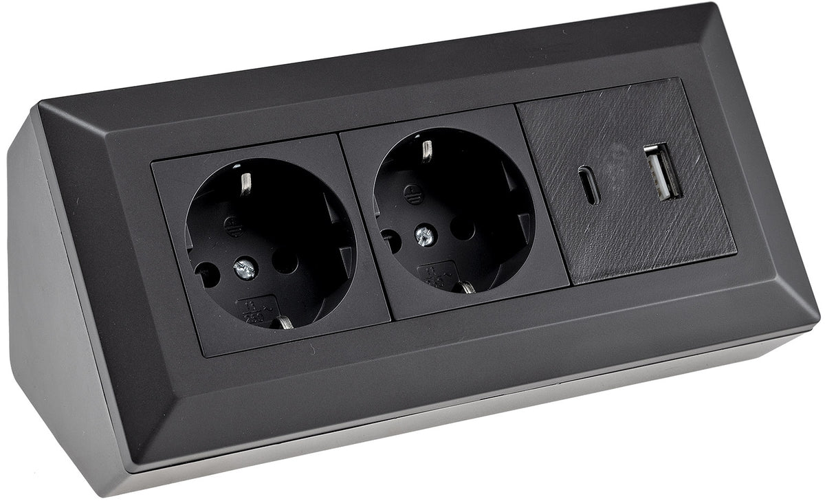 2-fach Steckdosenblock, USB-A+C, schwarz 250V~/ 16A, Aufbaumontage, USB 3,1A, PD