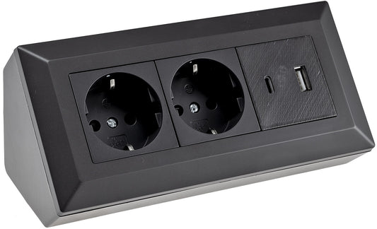 2-fach Steckdosenblock, USB-A+C, schwarz 250V~/ 16A, Aufbaumontage, USB 3,1A, PD