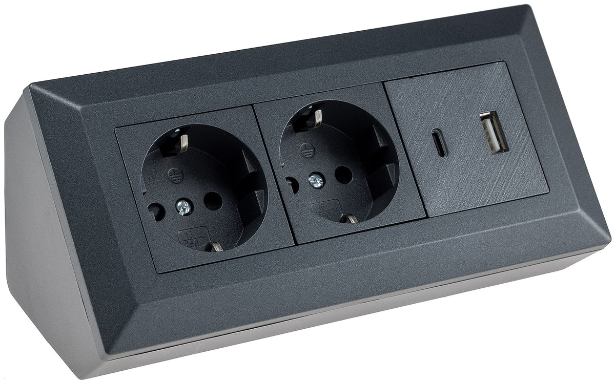 2-fach Steckdosenblock, USB-A+C, anthraz 250V~/ 16A, Aufbaumontage, USB 3,1A, PD