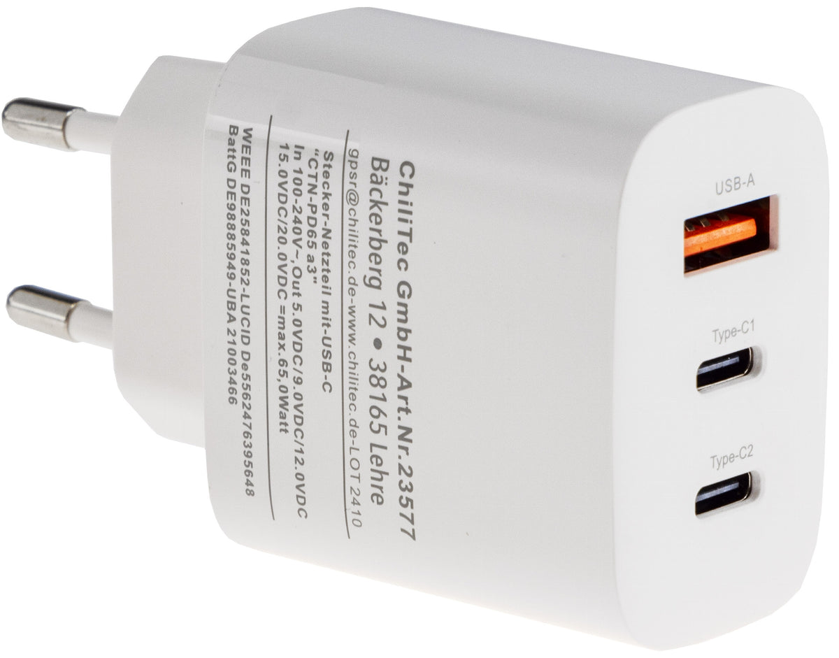 Stecker-Netzteil mit USB-C "CTN-PD65 a3" In 100-240V~, Out 5,0V/9,0V/12,0V=, 65W