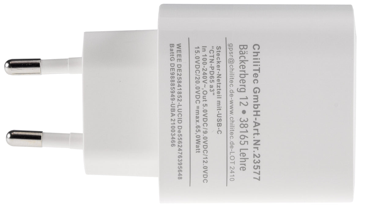 Stecker-Netzteil mit USB-C "CTN-PD65 a3" In 100-240V~, Out 5,0V/9,0V/12,0V=, 65W