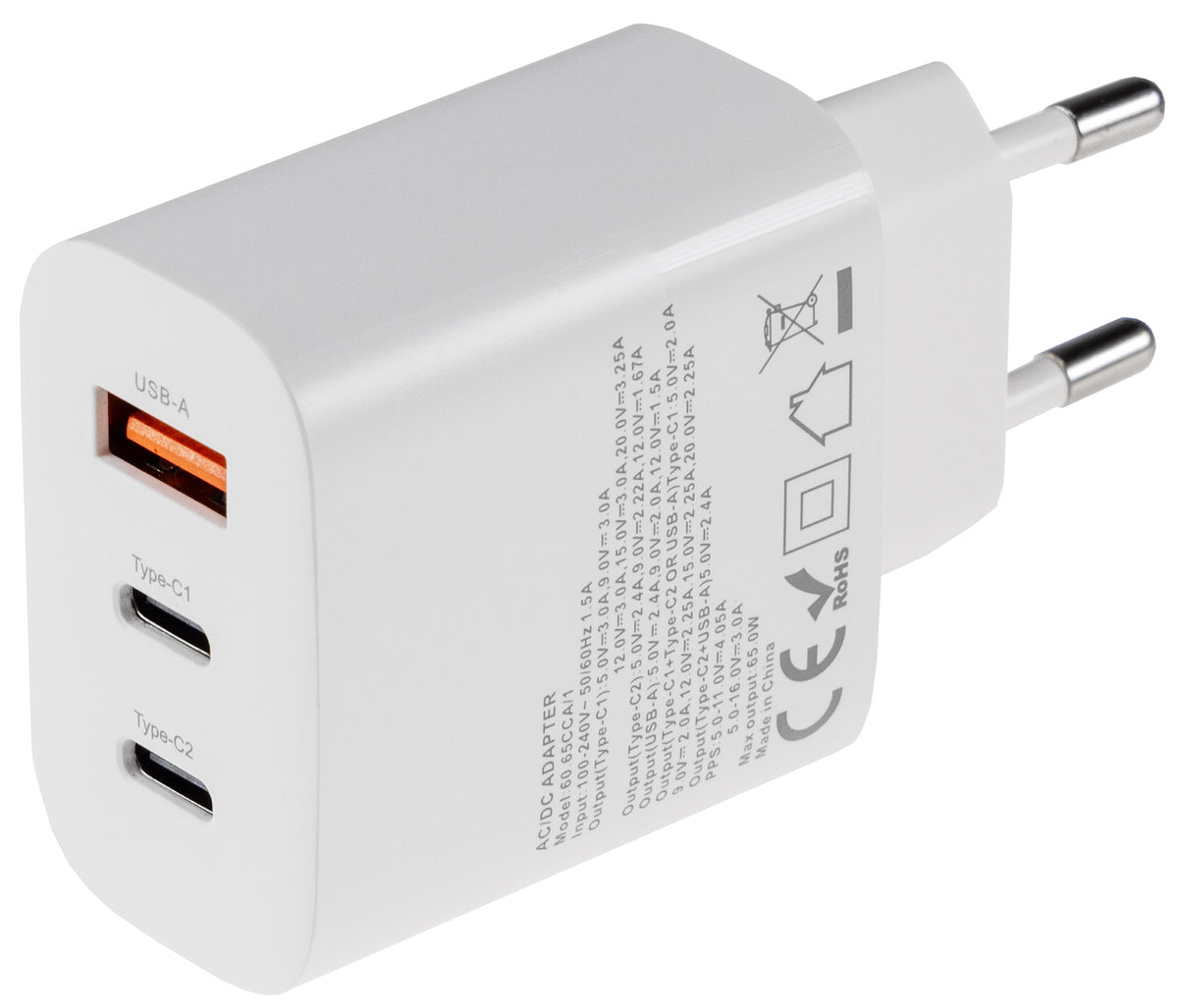 Stecker-Netzteil mit USB-C "CTN-PD65 a3" In 100-240V~, Out 5,0V/9,0V/12,0V=, 65W