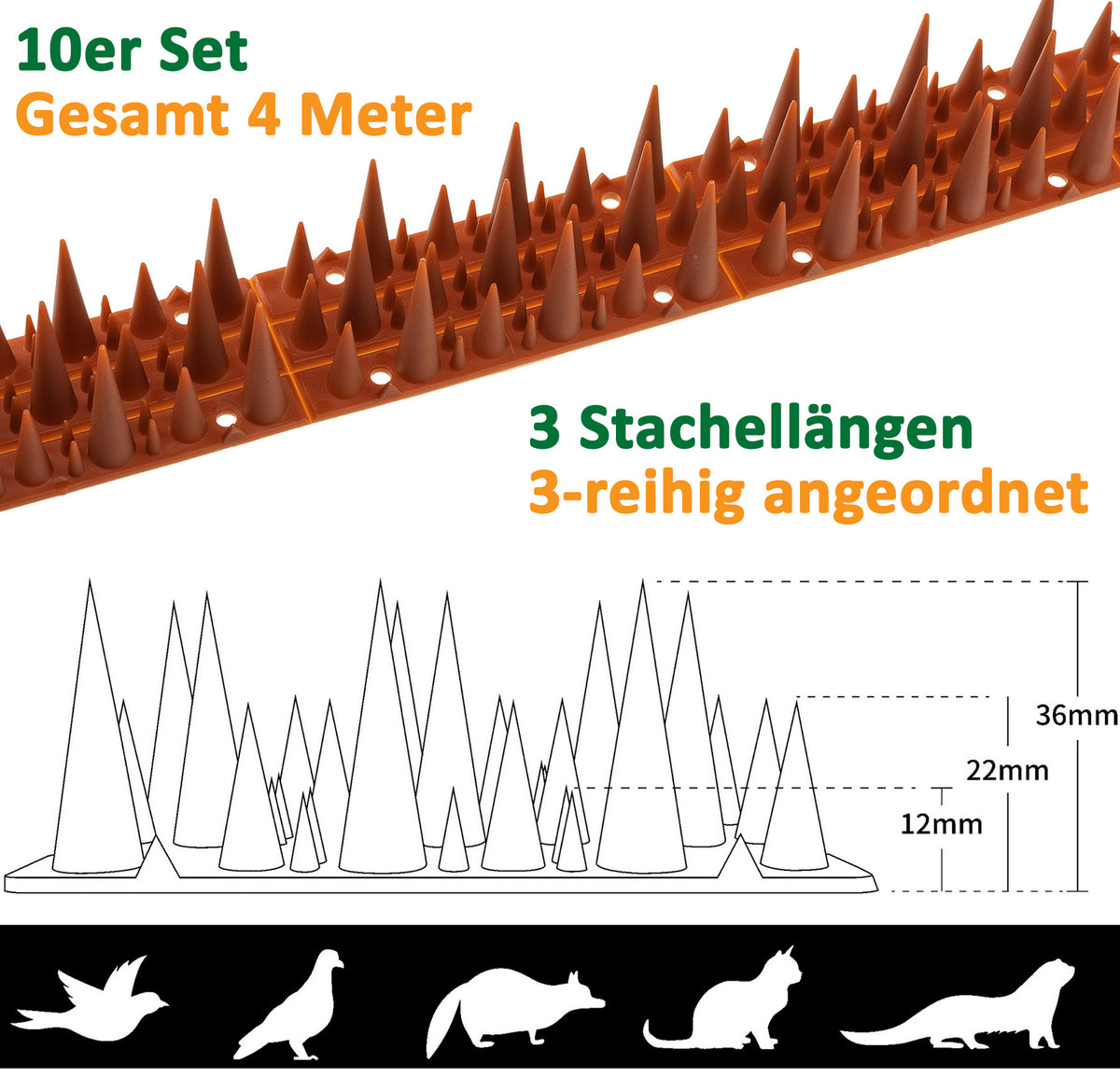 Taubenabwehr Spikes 10er Set Kunststoff, 400x42x36mm, Ziegelrot